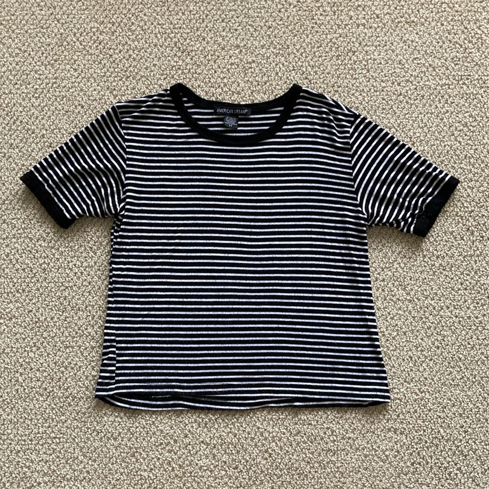 American Dream Striped Crop Top T-Shirt Blouse Black White Soft Stretchy XS GUC